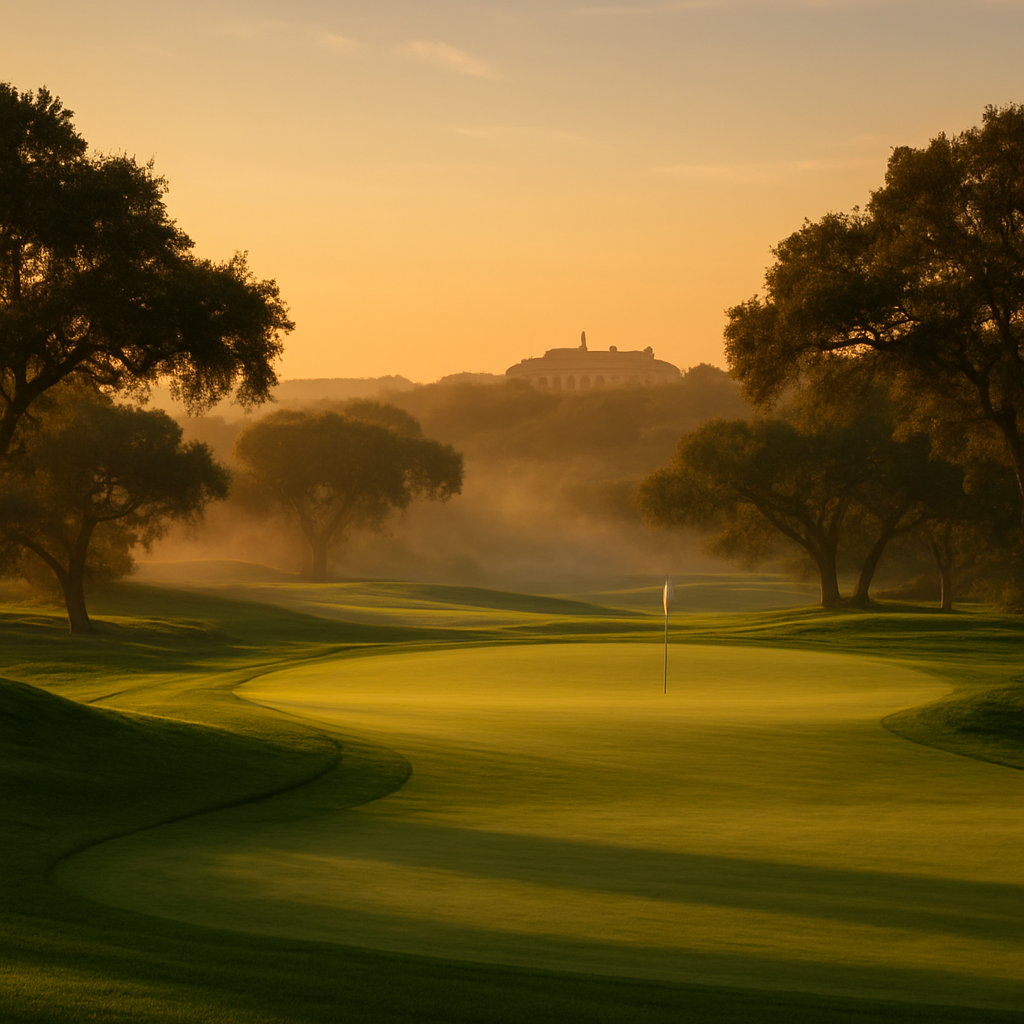 A manicured fairway and green at a private golf course at golden hour